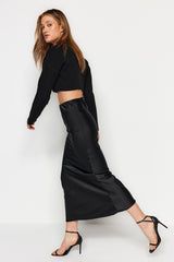 Black Fish Cut Satin Maxi Length Woven Skirt Twoaw24et00358