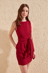 Burgundy Belted Body-wrap Neckline Mini Woven Dress Twoss19aa0063