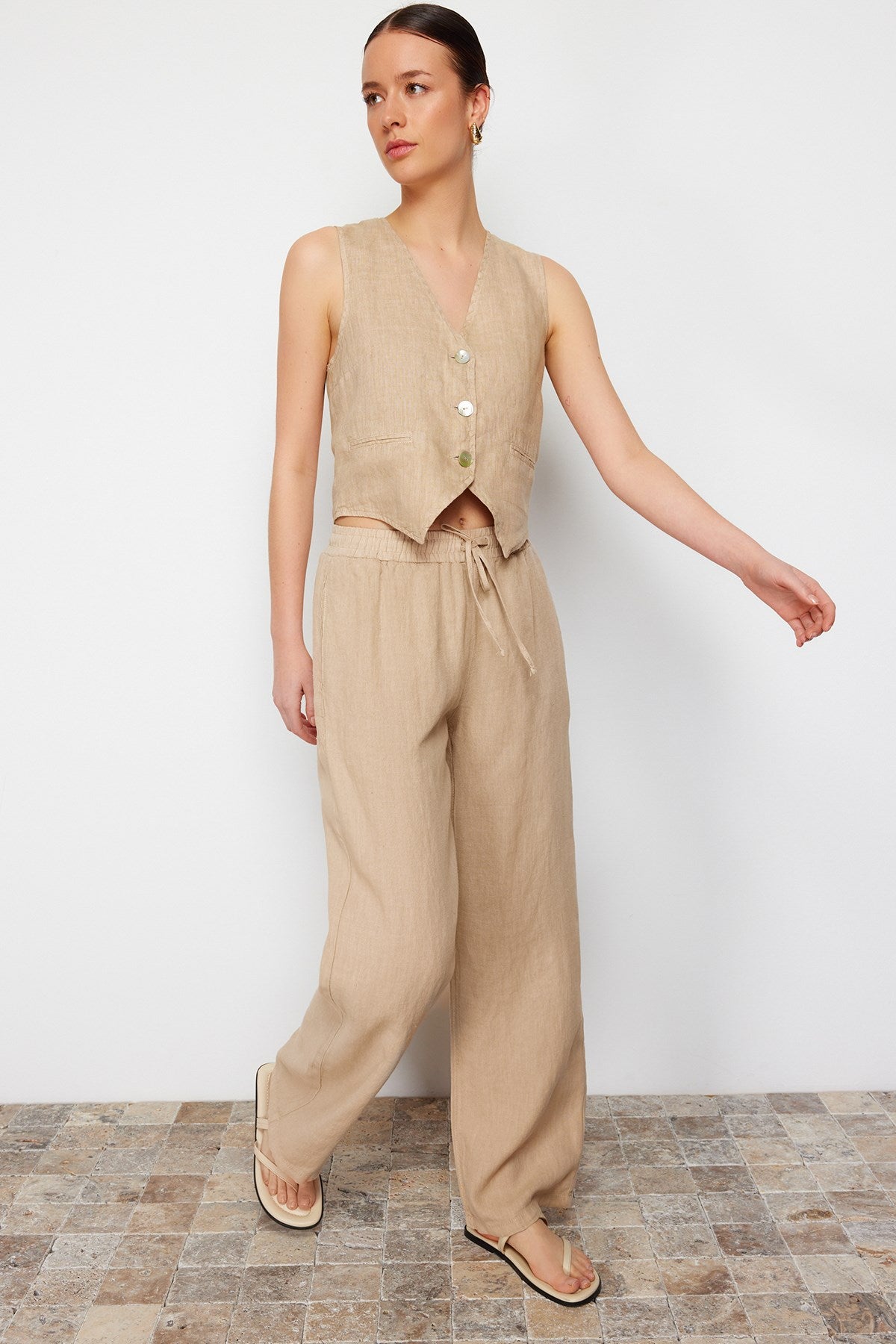 Beige 100% Linen Waist Elastic High Waist Wide Leg Pants Twoss24je00249