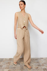 Beige 100% Linen Waist Elastic High Waist Wide Leg Pants Twoss24je00249