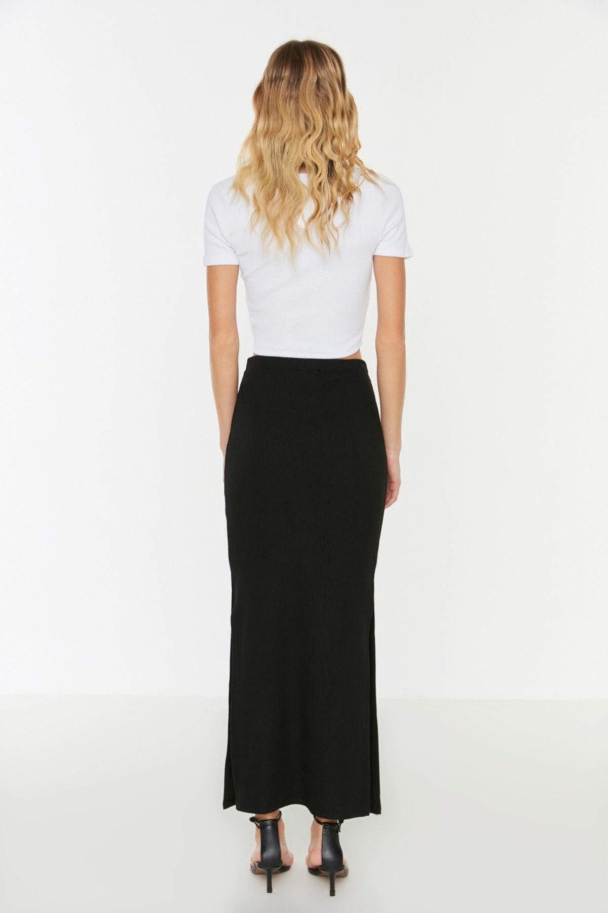 Black Slit Detailed Body Fitting High Waist Ribbed Flexible Maxi Knit Skirt Twoss22et0449