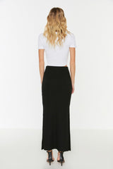 Black Slit Detailed Body Fitting High Waist Ribbed Flexible Maxi Knit Skirt Twoss22et0449