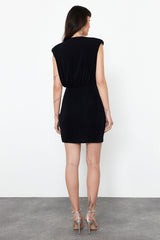 Black Silvery V Neck Knitted Dress Tprss24el00191