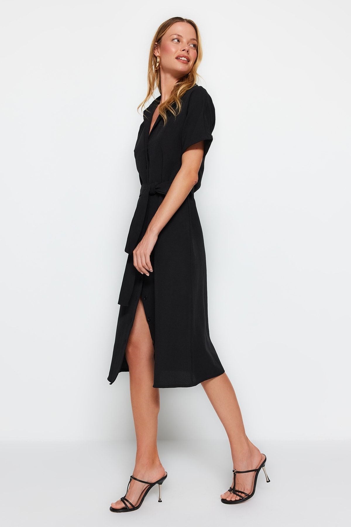 Black Belted Midi Linen Look Woven Shirt Dress Twoss23el02400