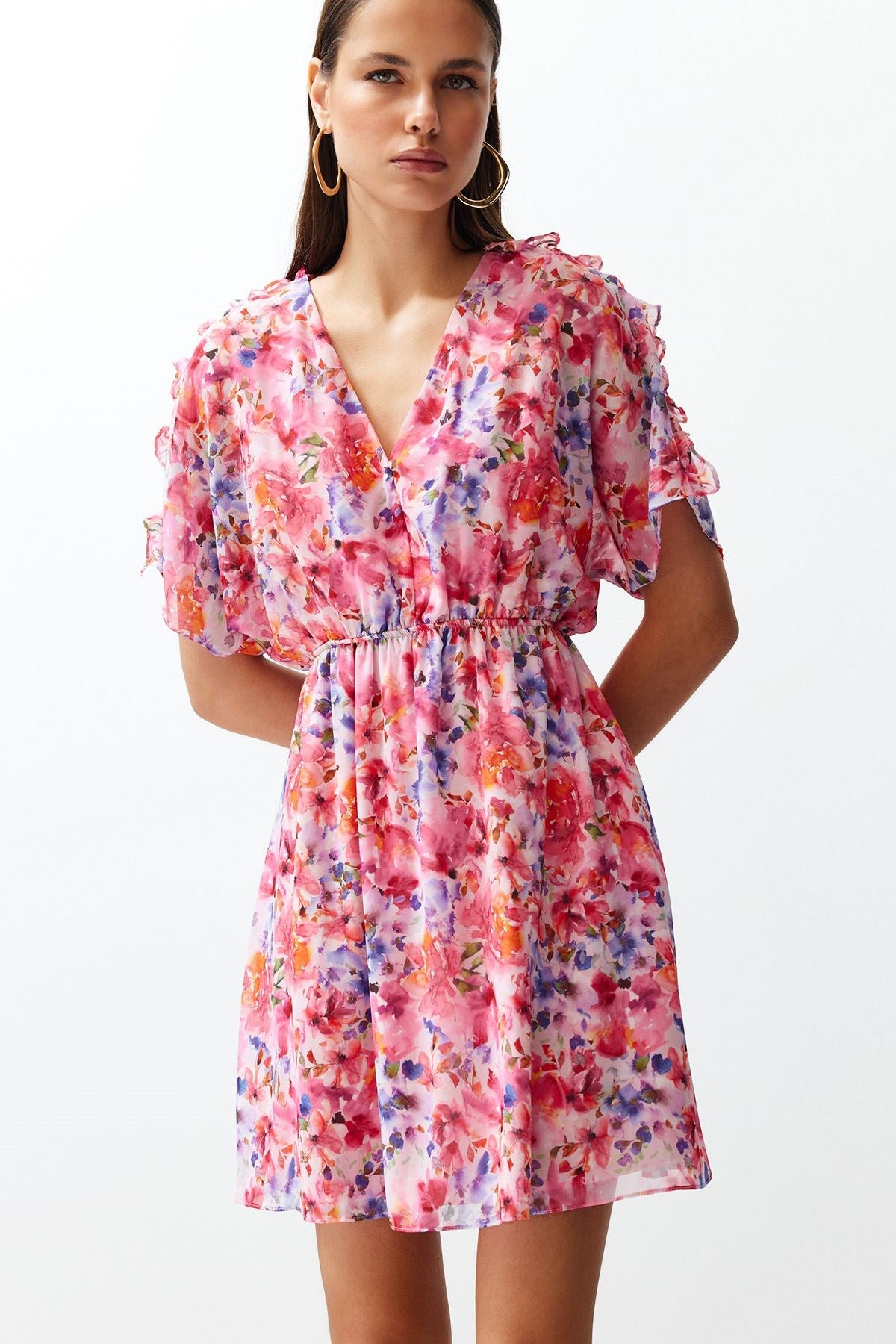 Pink Floral Print Waist Ruffle Detail Lined Chiffon Mini Woven Dress Twoss24el00638