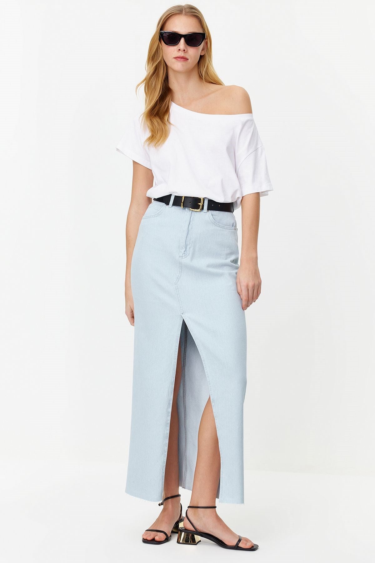 Light Blue Slit High Waist Maxi Denim Skirt Twoss24et00014