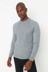 Grey Men's Slim Fit Crew Neck Raglan Sleeve Textured Wool Blended Knitwear Sweater Tmnaw22kz0290