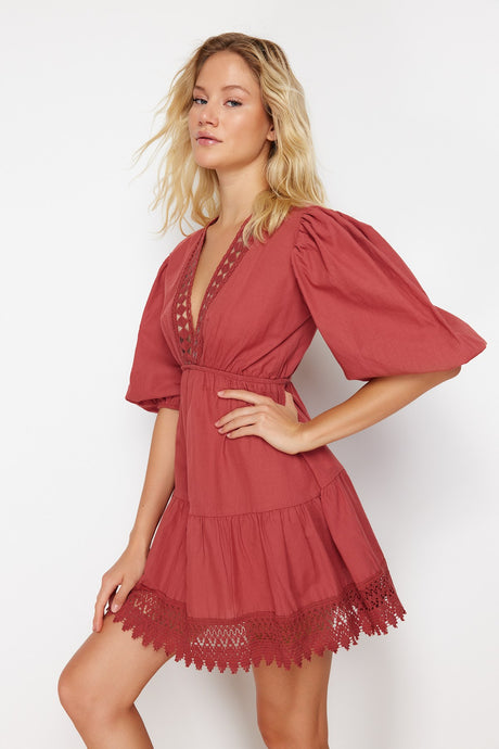 Dusty Rose Mini Woven Lace Detailed Beach Dress Tbess24el00116