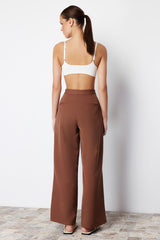 Brown Wide Leg/wide Leg Cross Closure Detailed Woven Pants Twoss24pl00092