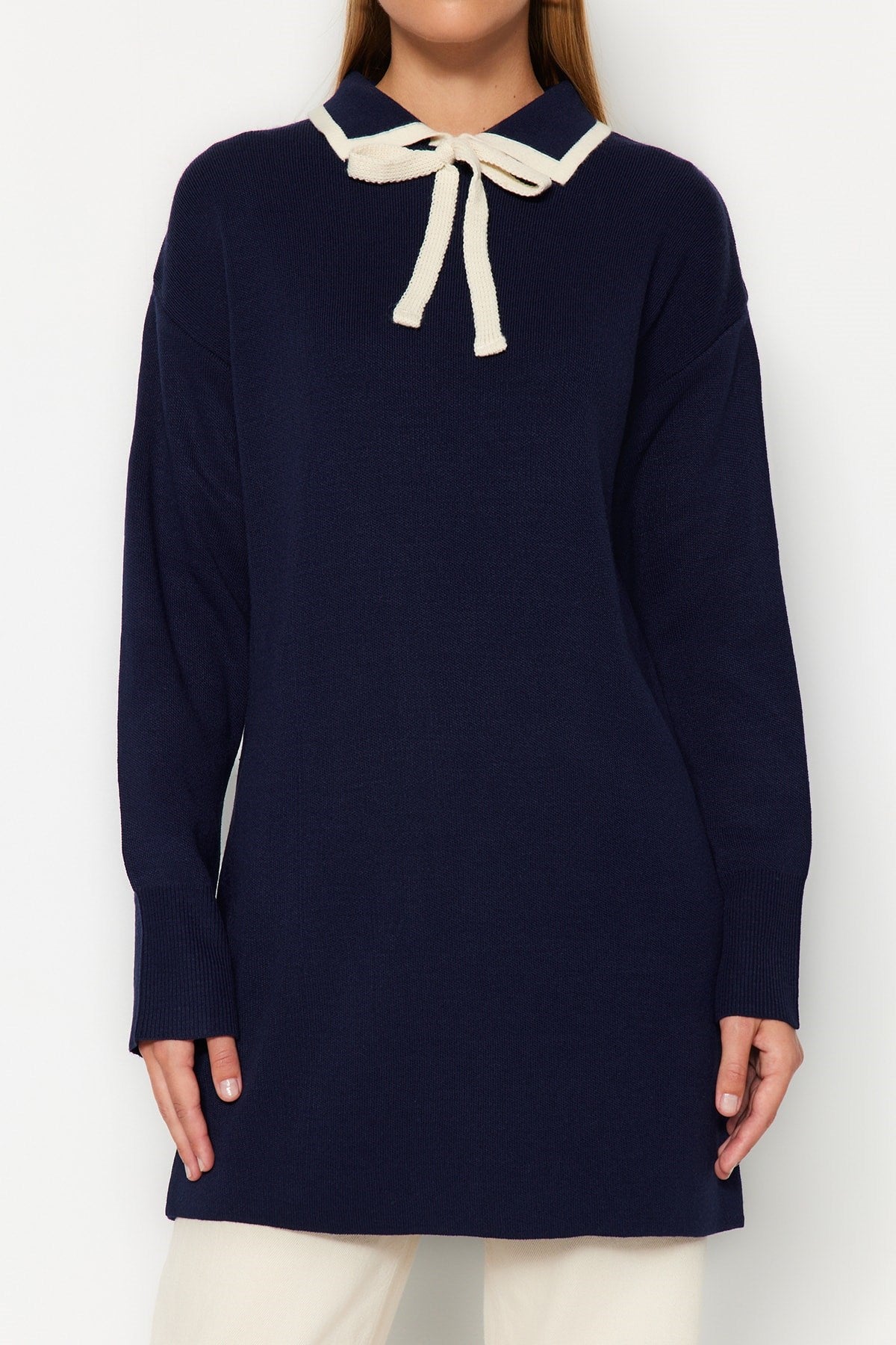 Navy Blue Collar Detailed Knitwear Sweater Tctaw24ak00053