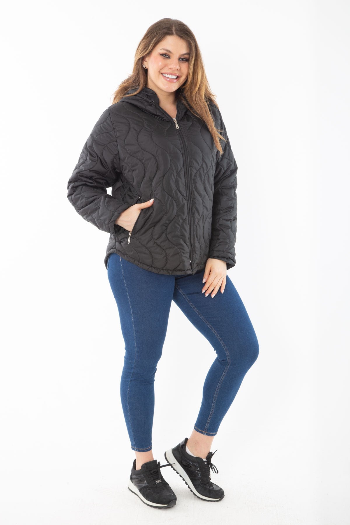 Women's Plus Size Navy Blue Front And Pocket Zipper Hooded Lined Quilted Coat 65n37281