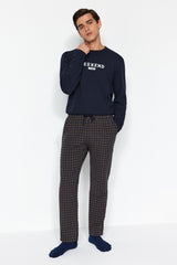 Men's Navy Blue Casual Pattern Checkered Woven Sleepwear Pants Tmnaw24pj00020