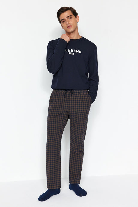 Men's Navy Blue Casual Pattern Checkered Woven Sleepwear Pants Tmnaw24pj00020