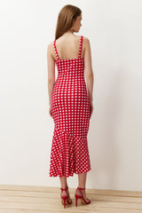 Red Plaid Strappy Body-fitting Ribbed Flexible Knitted Maxi Pencil Dress Twoss24el00682