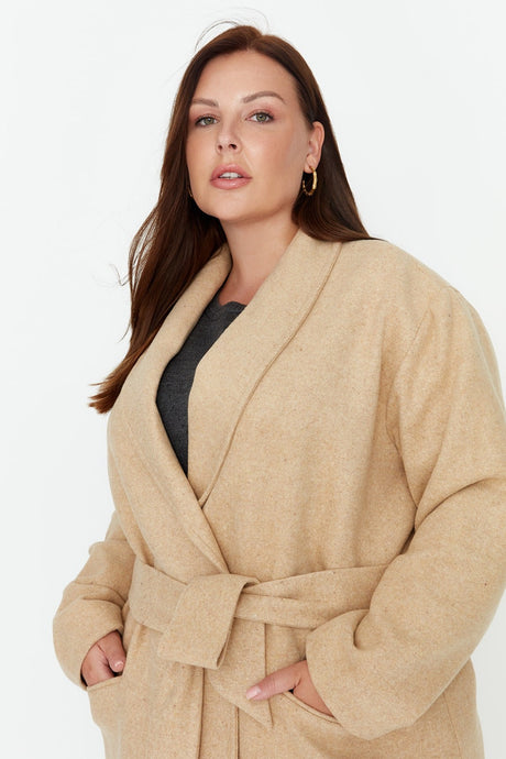 Camel Belted Oversize Cashmere Woven Coat Tbbaw23kb00004