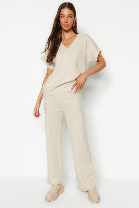 Stone Soft Textured V Neck Knitwear Bottom-top Suit Twoaw24au00042