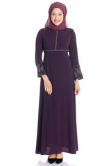 Purple Hijab Dress With Sleeve Cross Stitch Embroidery 749 T18elb3m749