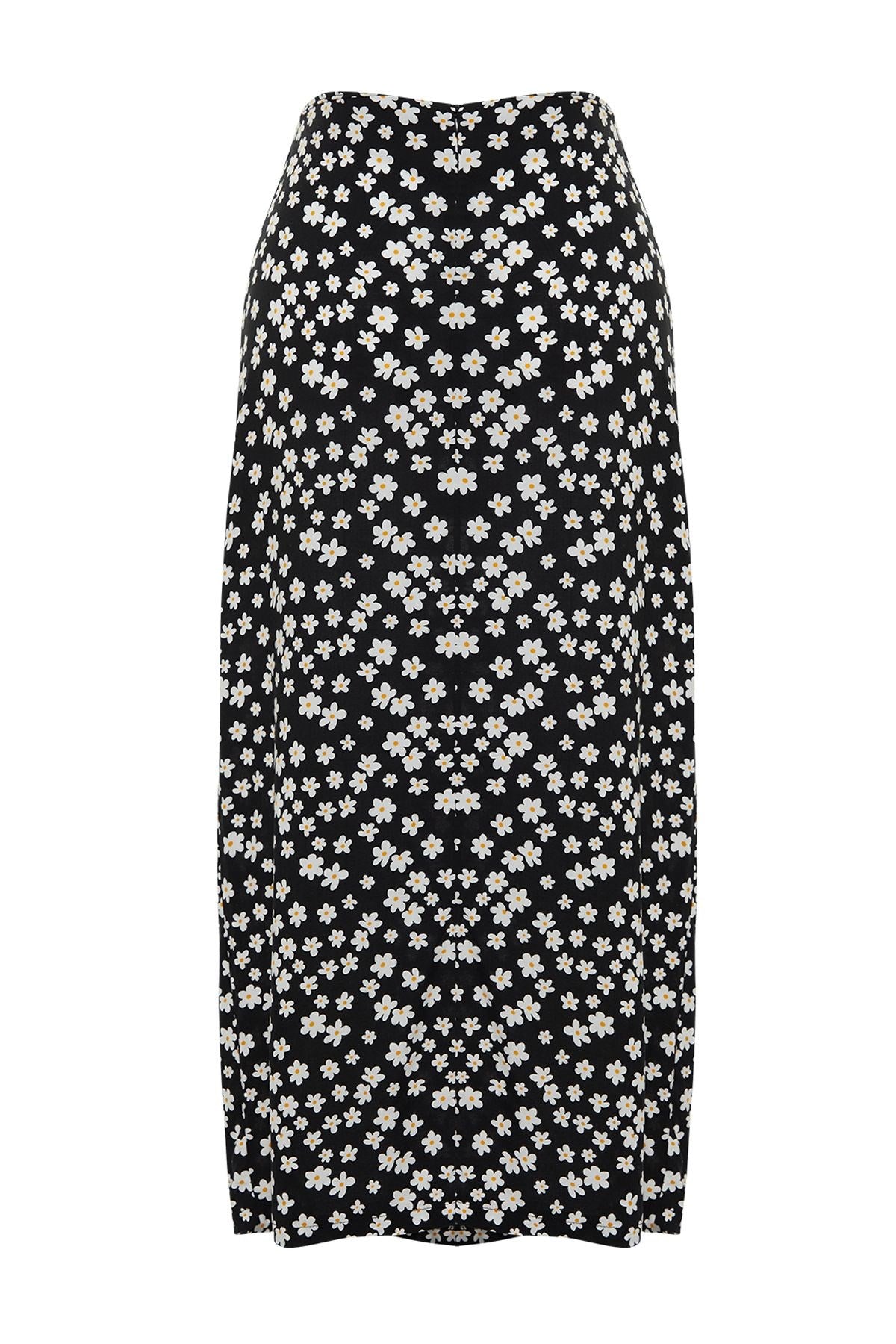 Black Daisy Print Slit Viscose Fabric Midi Woven Skirt Twoss24et00108