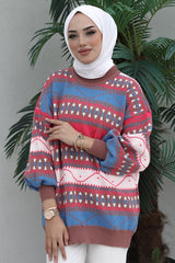 Modest Hijab Knitwear Tunic Patterned Silky Winter Stylish Balloon Sleeve Style Sweater Tunic B103