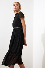 Black Belted A Cut Lined Midi Woven Dress Twoss20el0983