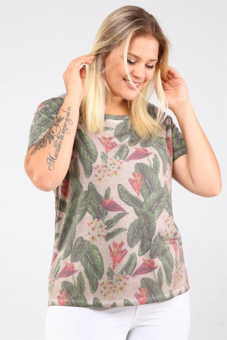 Leaf And Flower Printed Oil Wash T-shirt Light Pink Pra-493228-977244