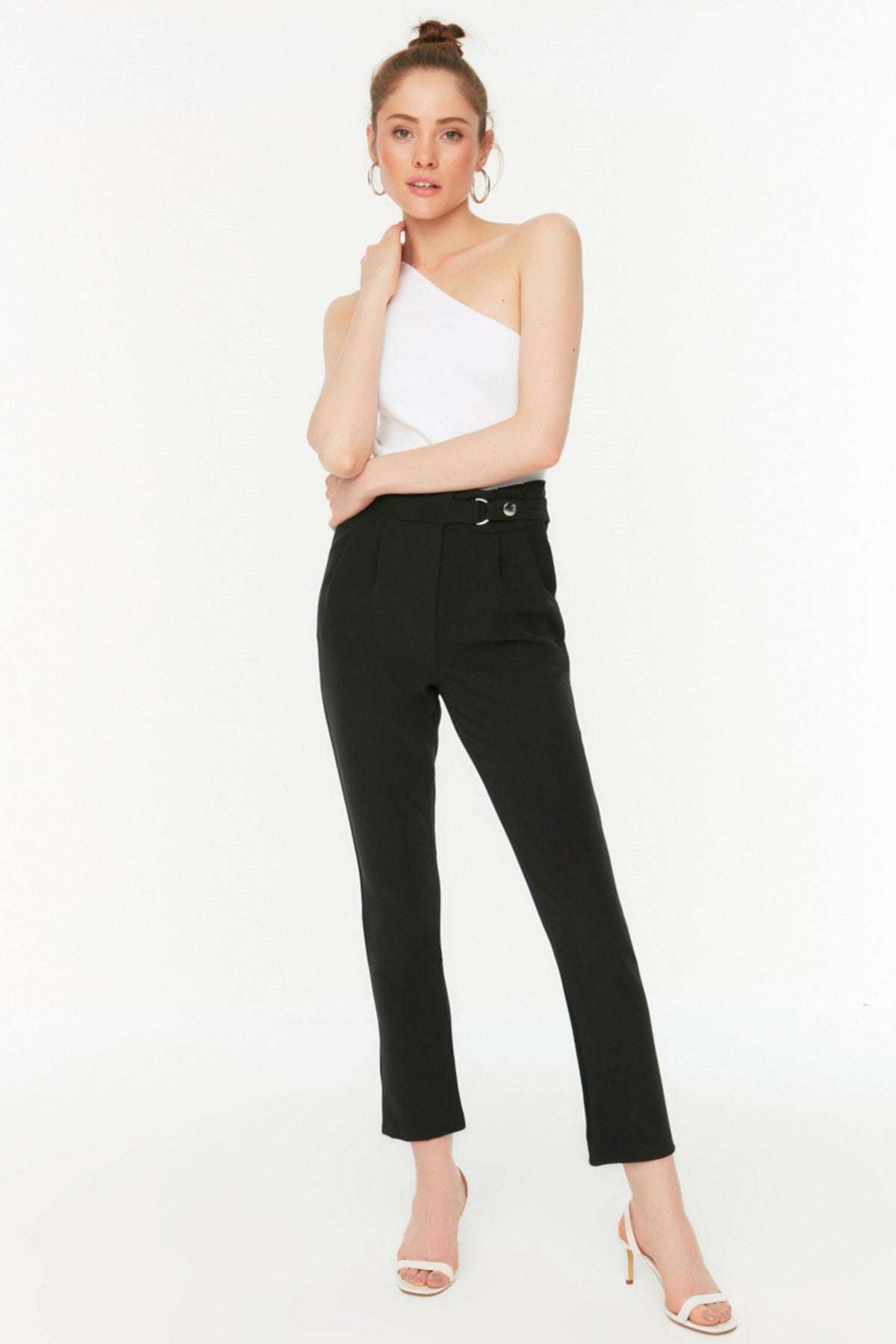 Black Belt Detailed Cigarette Tight Leg Woven Pleated Pants Twoss20pl0131