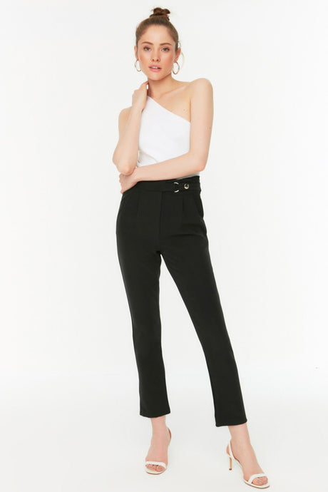 Black Belt Detailed Cigarette Tight Leg Woven Pleated Pants Twoss20pl0131