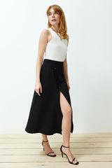 Black Asymmetric Buttoned Slit Knit Skirt Twoss24et00143