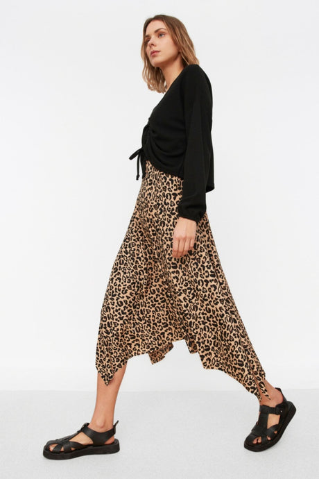 Brown Leopard Print Ruffled Asymmetrical Midi Flexible Knit Skirt Twoaw20et0440