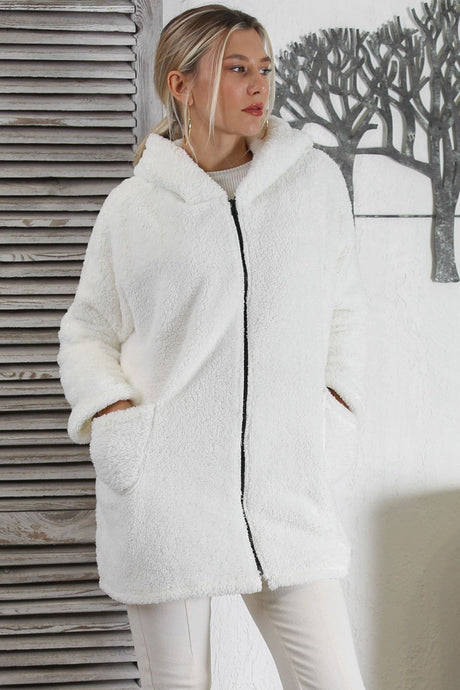 Cream Long Sleeve Zipper Double Pocket Hooded Teddy Woven Oversize Plush Jacket M10210100ce98322