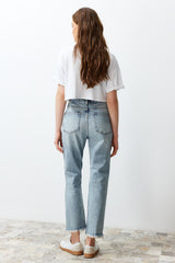 Blue Ripped Detailed High Waist Straight Jeans Twoss24je00178