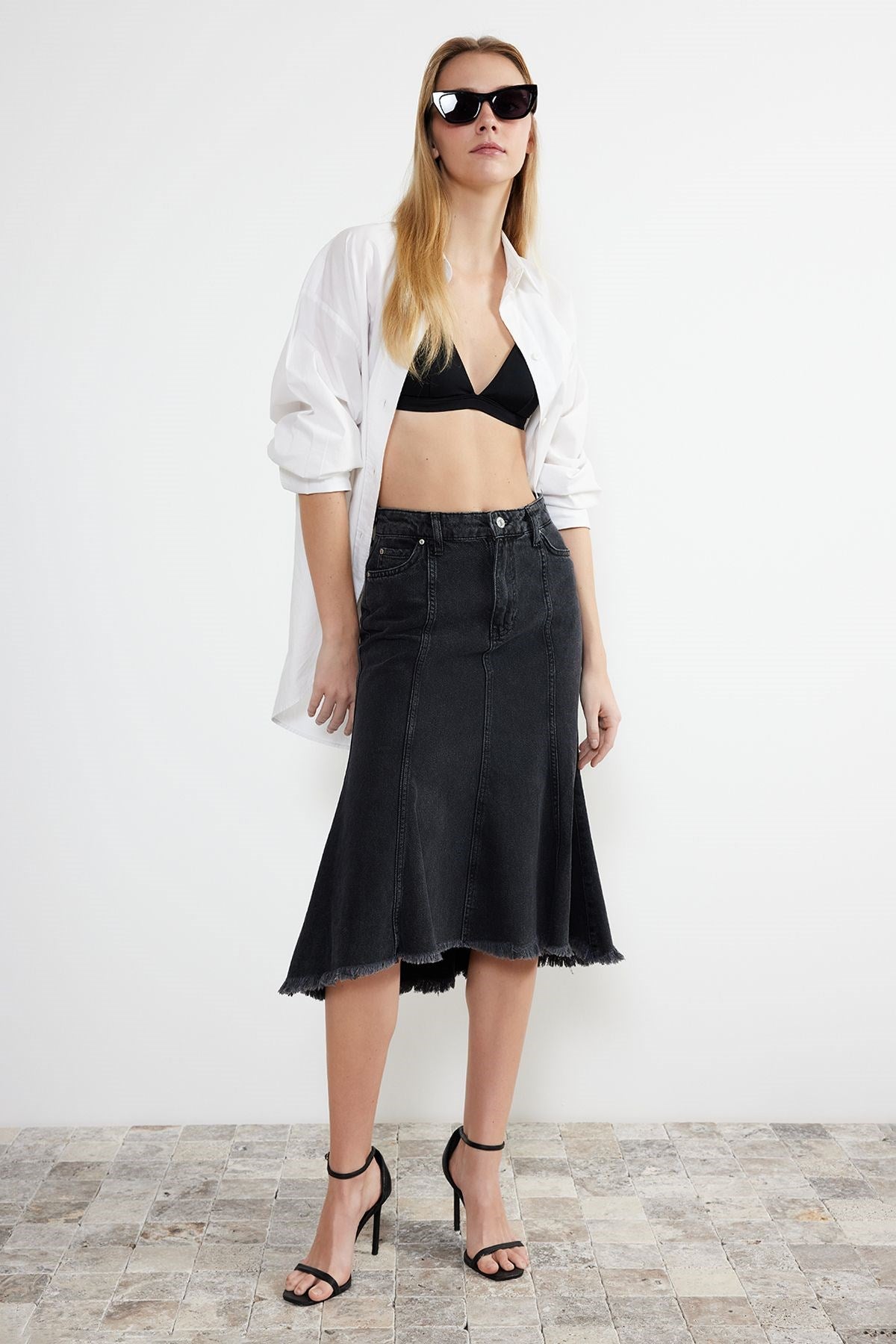 Anthracite Stitching Detailed Asymmetrical High Waist Midi Denim Skirt Twoss24et00081