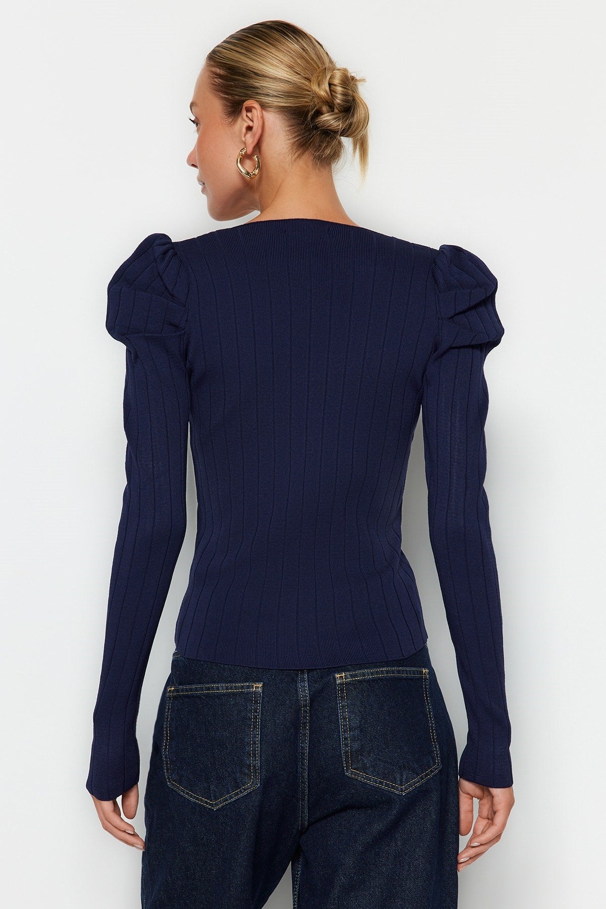 Navy Blue Ruffle Square Collar Knitwear Sweater Twoaw21kz0649