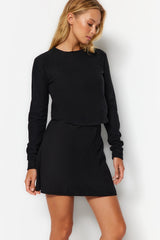 Black Low Shoulder Crew Neck Crop Thessaloniki/knitwear Look Knitted Blouse Twoaw24bz00168