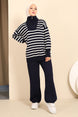 Navy Blue Collar Zipper Striped Knitwear Suit Imj002268