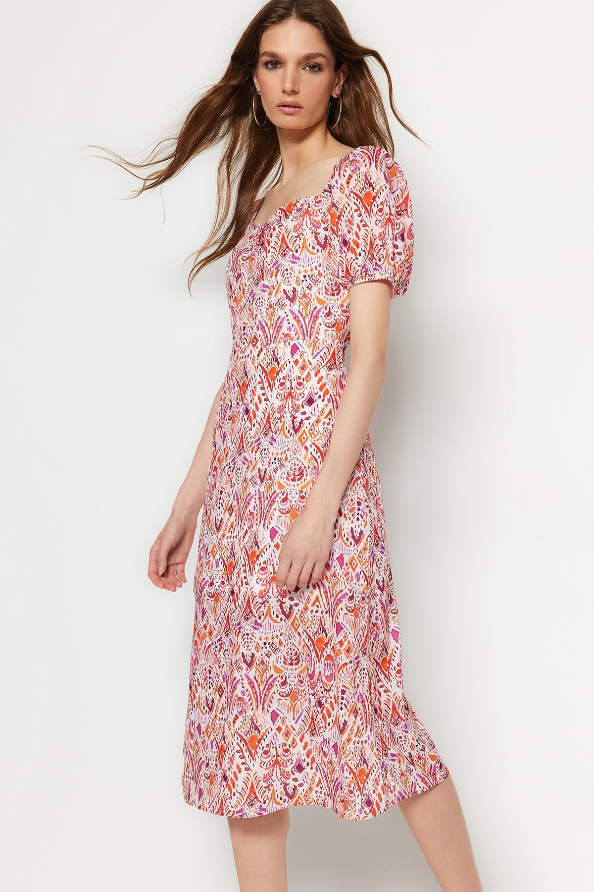 Pink Patterned A Cut Square Neckline Slit Midi Lined Chiffon Woven Dress Twoss23el01846