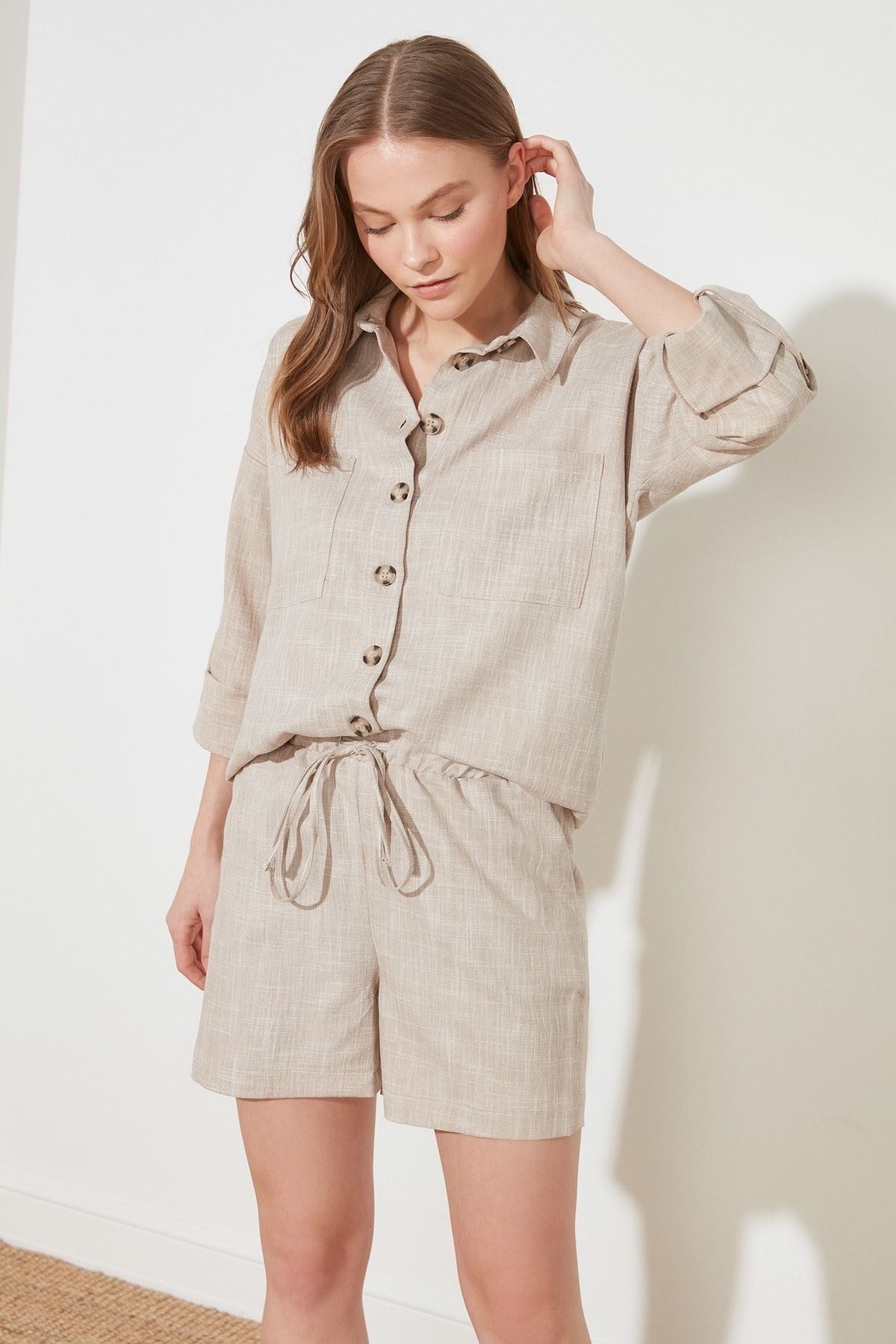 Stone Waist Adjustment Linen Look Woven Shorts Twoss21sr0191