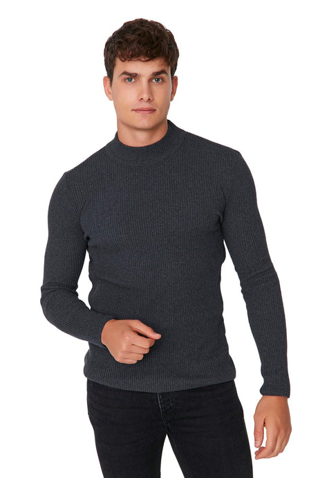 Brown Men's Fitted Slim Fit Half Turtleneck Ribbed Knitwear Sweater Tmnaw21kz0568