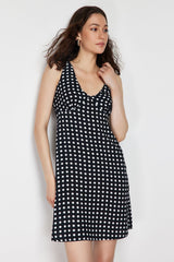 Black Polka Dot V Neck Viscose Mini Woven Dress Twoss24el00509