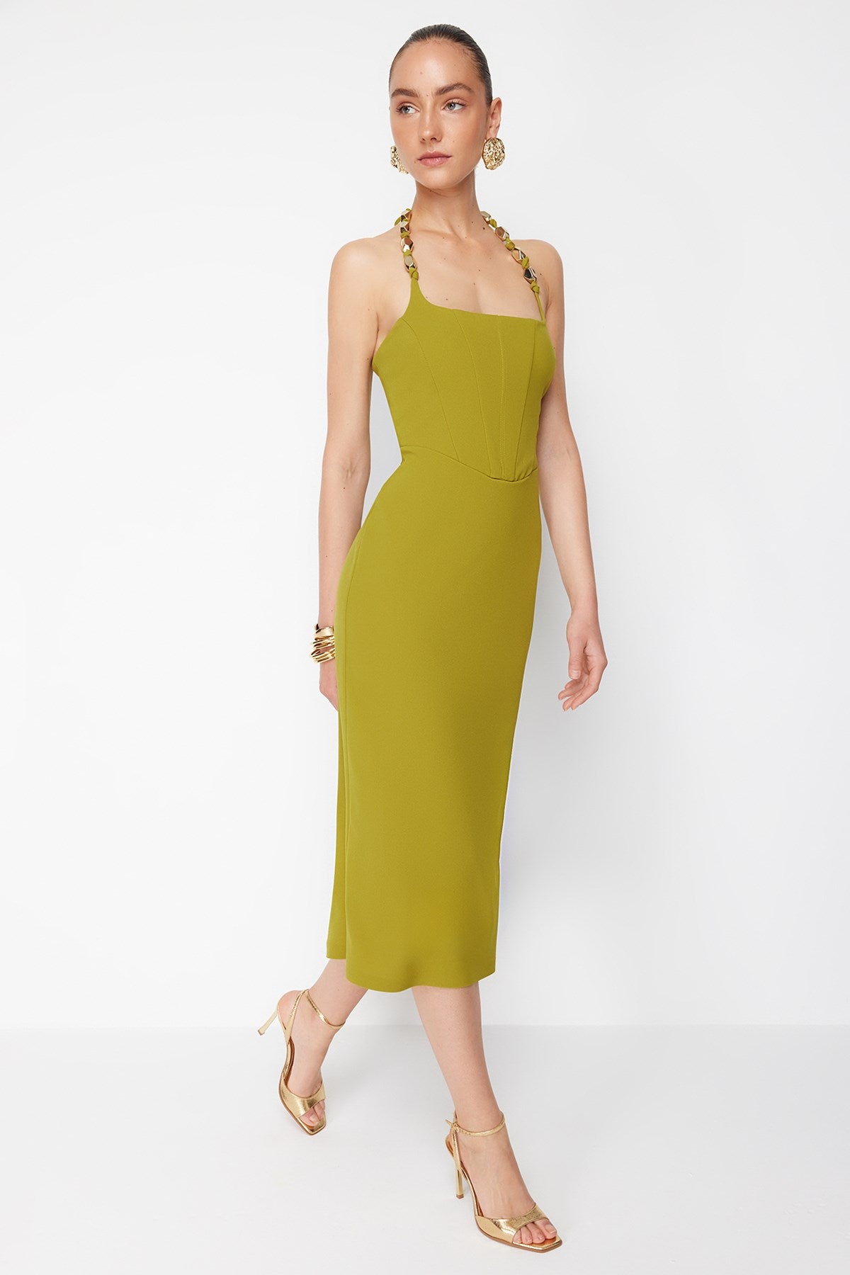 X Zeynep Tosun Oil Green Knitted Accessory Detailed Balen Elegant Evening Dress Tclss24el00013