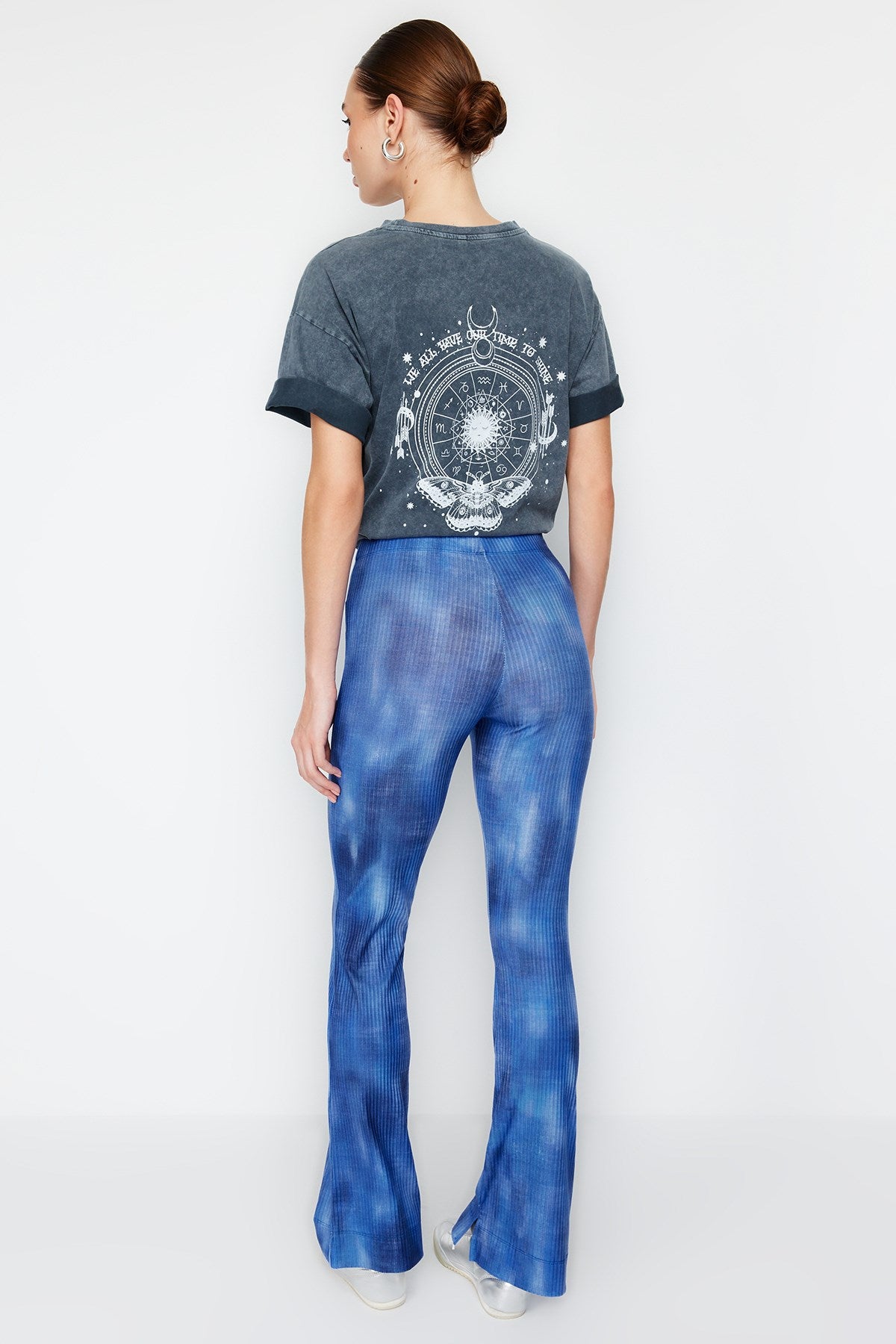 Blue Abstract Patterned Flare/spanish Leg Stretch Pants Twoss24pl00093