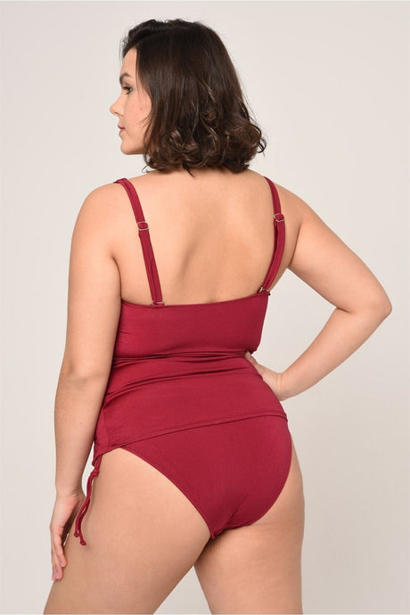 Women's Plus Size Burgundy Drape Detailed Jumper Side Sliding Tankini 12761123