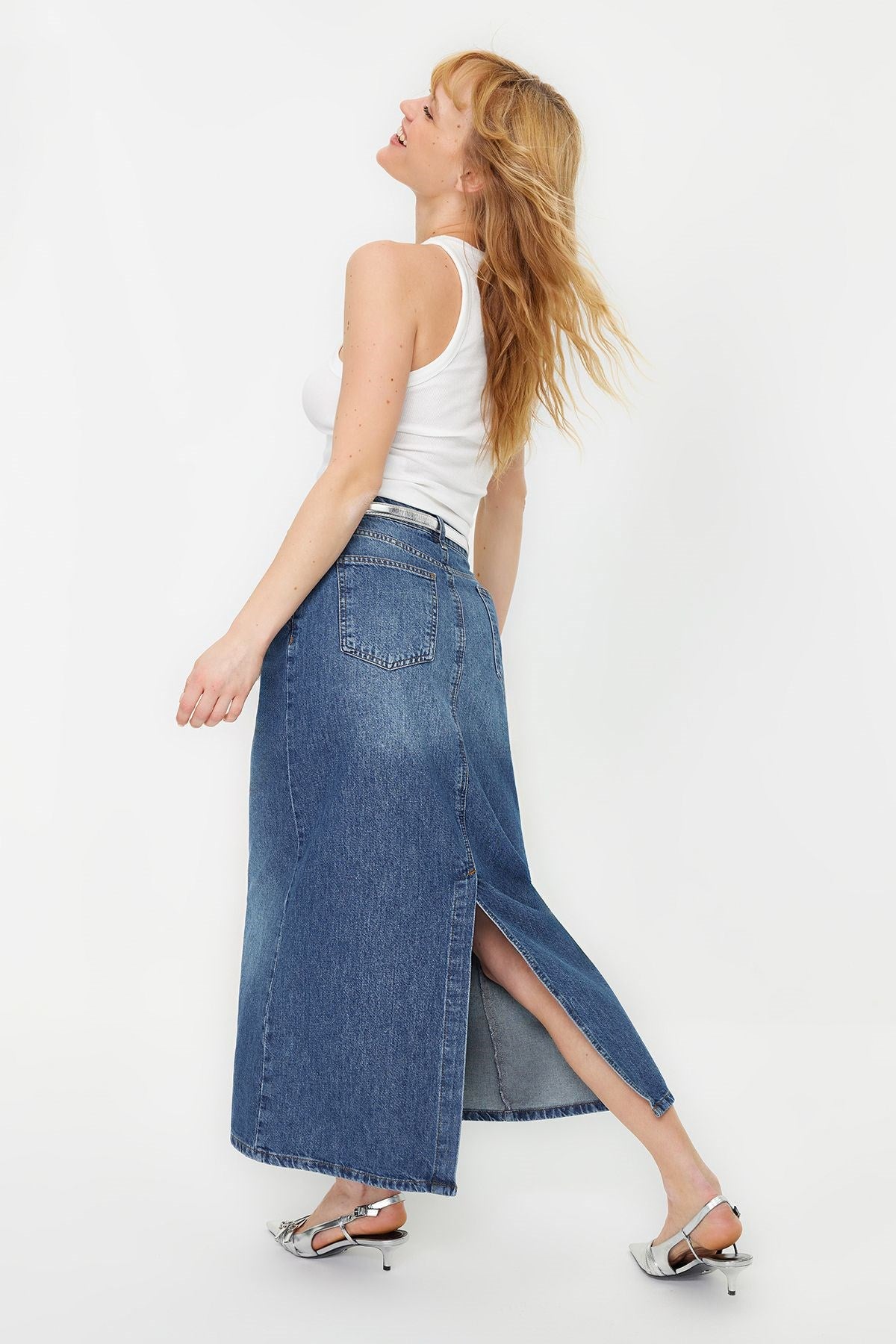 Blue Stitching Detailed High Waist Maxi Denim Skirt Twoss24et00009