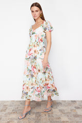 Pink Floral Print A Cut Gipe Detailed Maxi Lined Chiffon Woven Dress Twoss24el00807