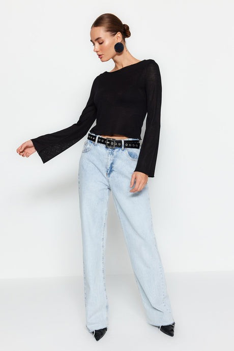 Black Boat Neck Regular Fit Crop Knit Blouse Twoaw24bz00156