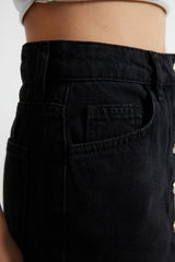 Black Front Buttoned High Waist Mini Denim Skirt Twoss24et00083