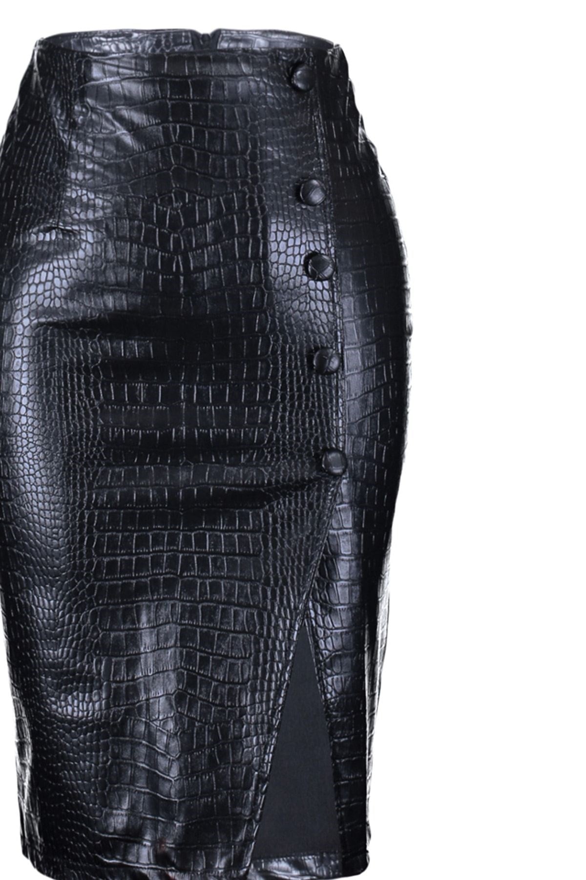 Black Faux Snakeskin Slit Detailed Midi Woven Skirt Twoaw23et00260