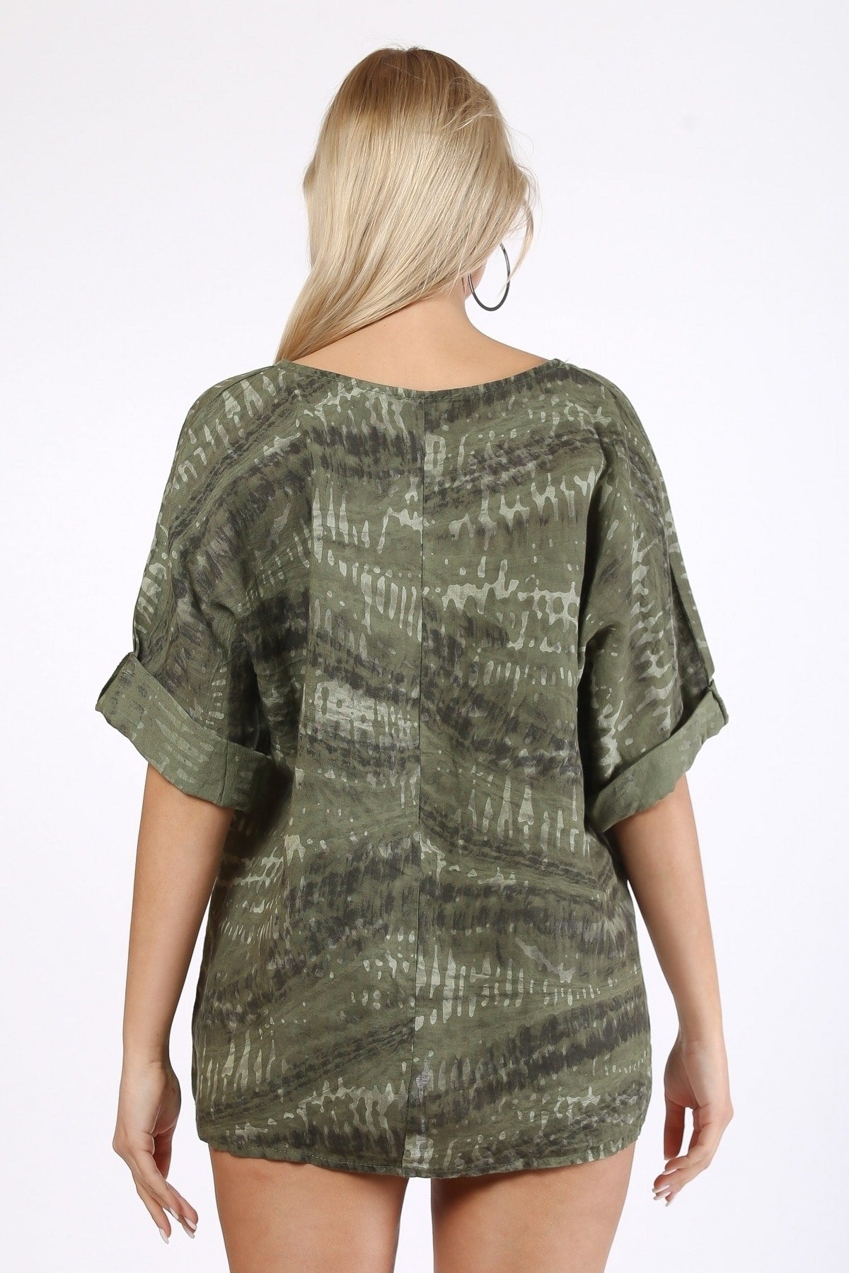 Italian Army Green Round Neck 3/4 Sleeve Patterned Linen Knitted Blouse M10010200bl93291