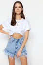 Light Blue Fringed Denim Shorts & Bermuda Twoss23sr00164