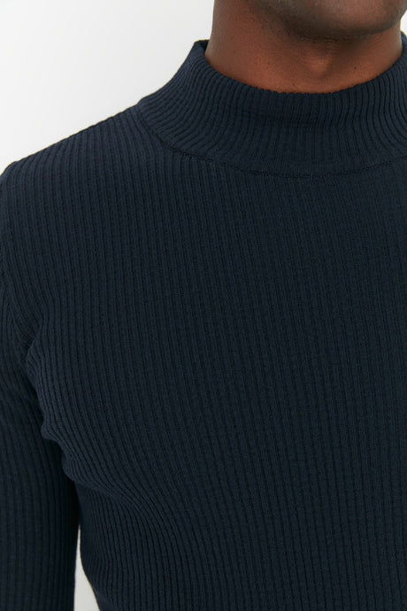 Brown Men's Fitted Slim Fit Half Turtleneck Ribbed Knitwear Sweater Tmnaw21kz0568